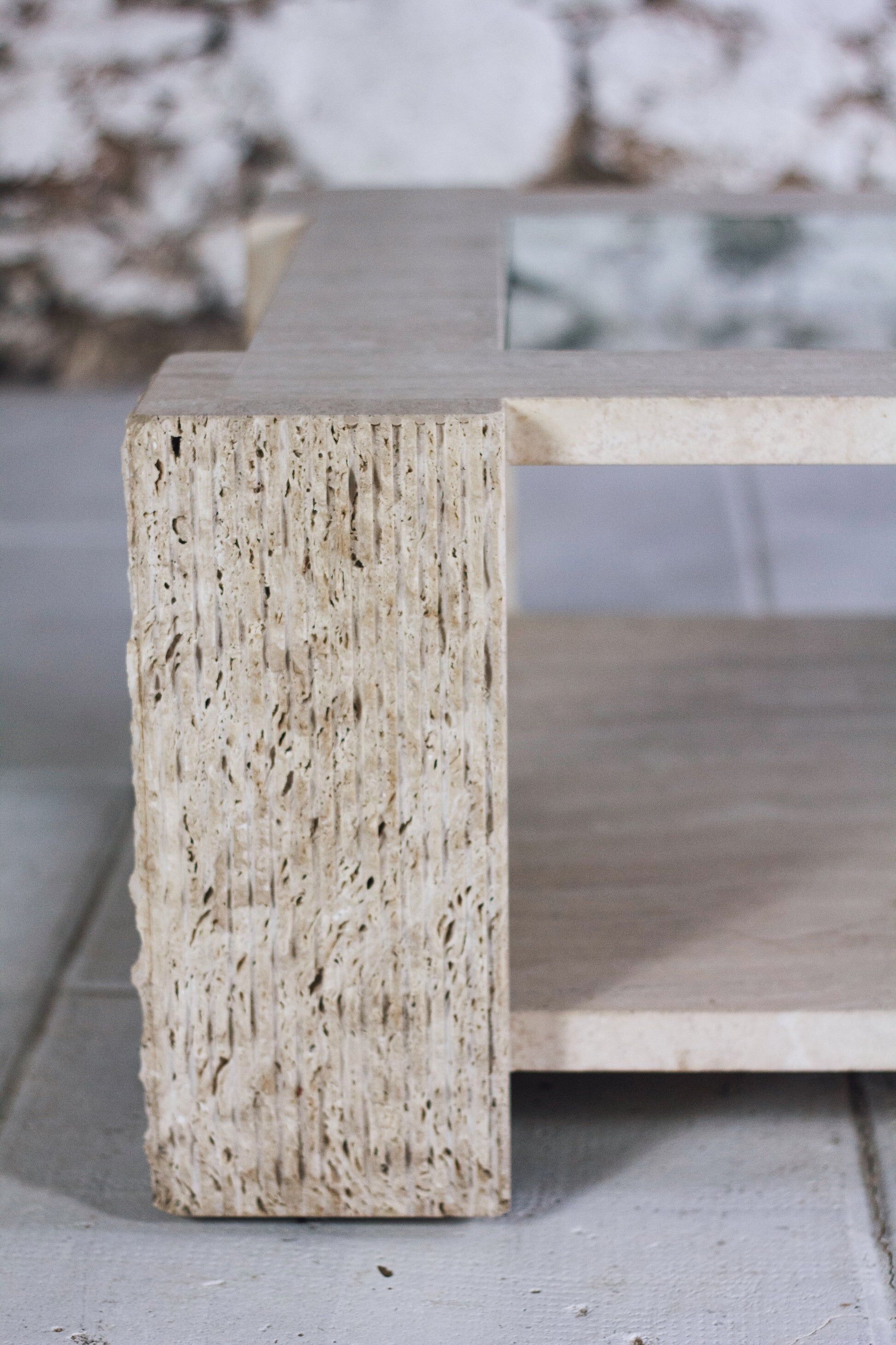 Coffee table in travertine and glass by Claude Berraldacci