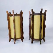 Pair of brutalist table lamps, wood & parchment, France, 1970s