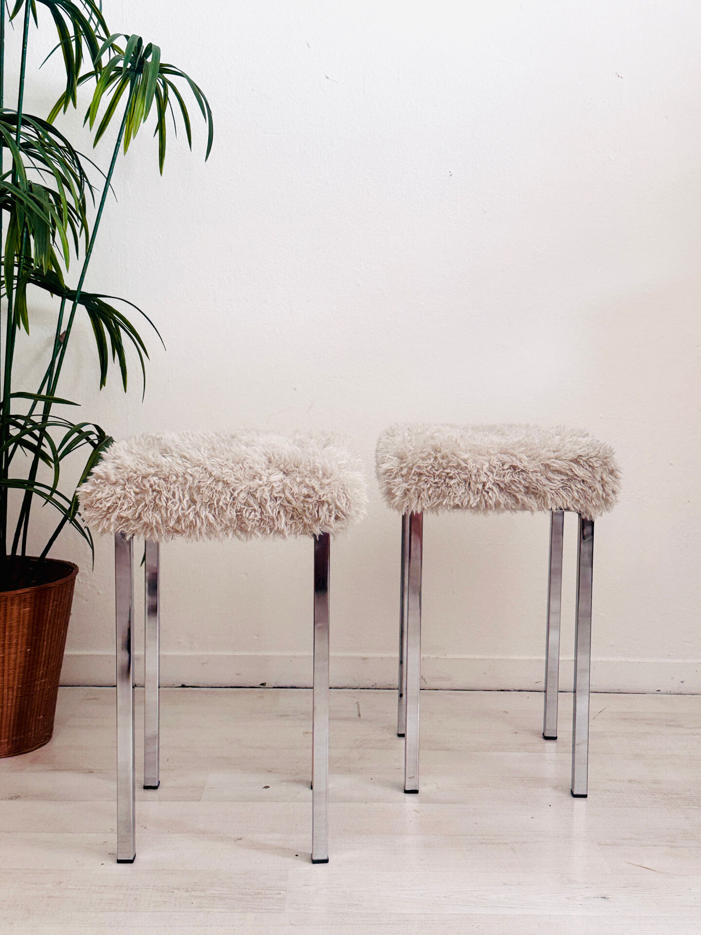 Set of two vintage chrome stools with fluffy upholstery