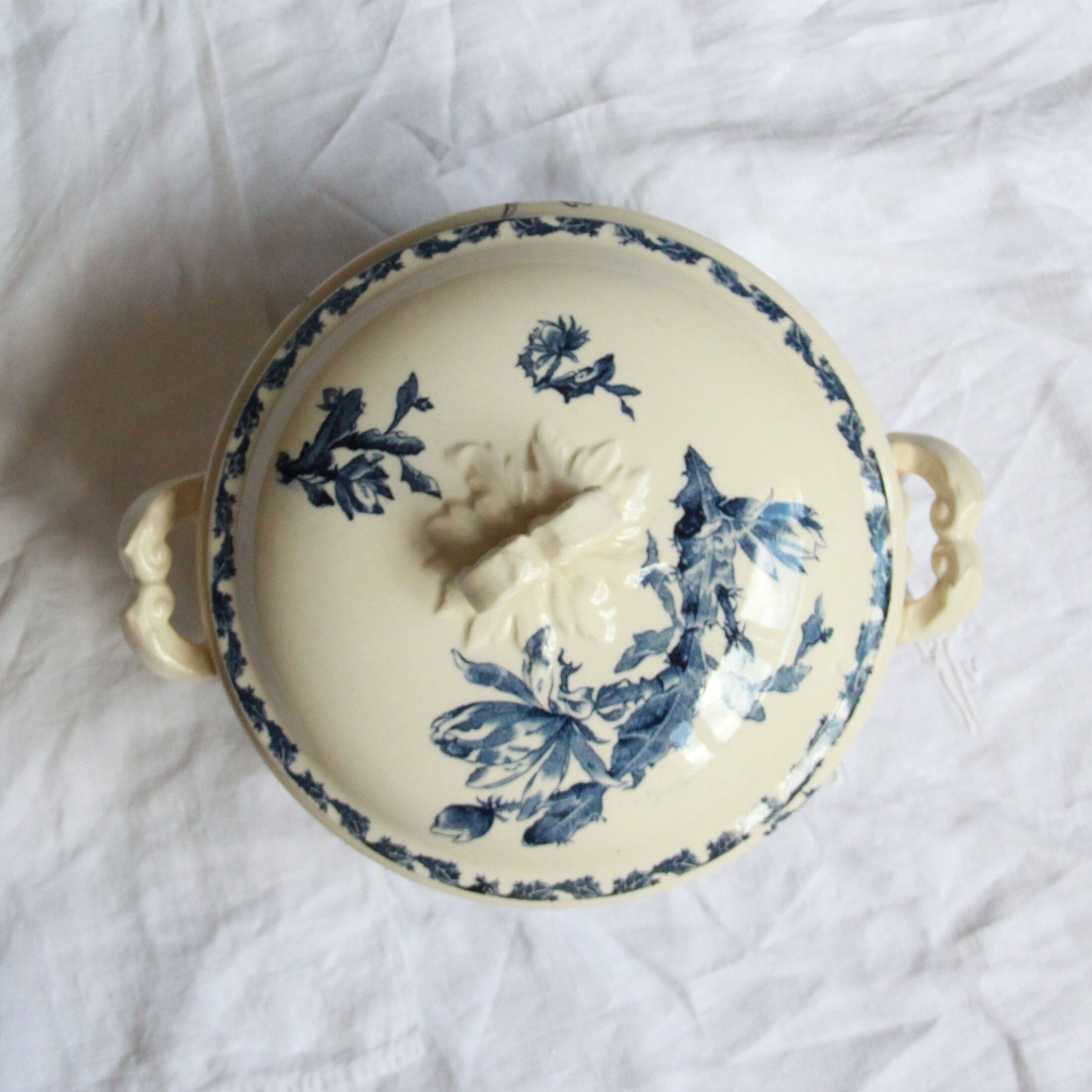Soupière terre de fer gien cactus blue porcelain opaque old 19 th earthenware