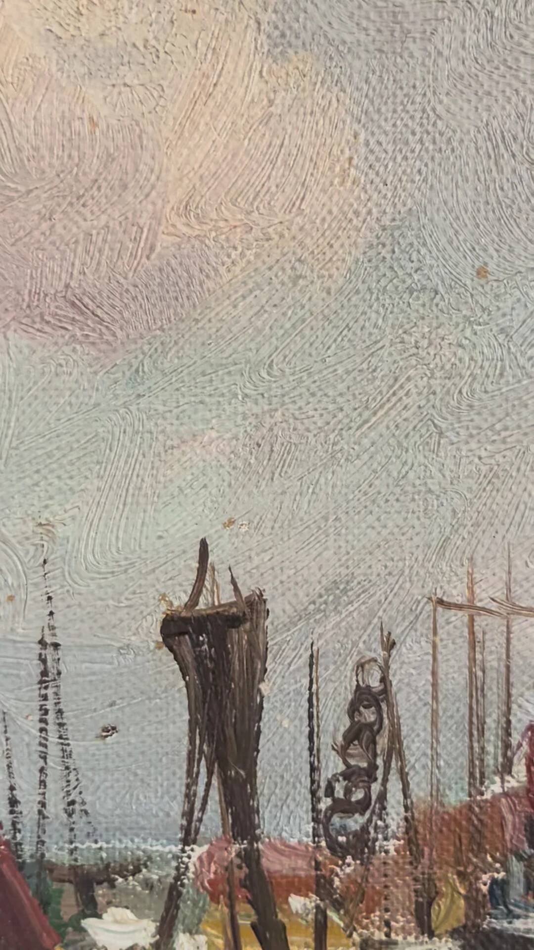 Vintage original Scandinavian harbor oil painting