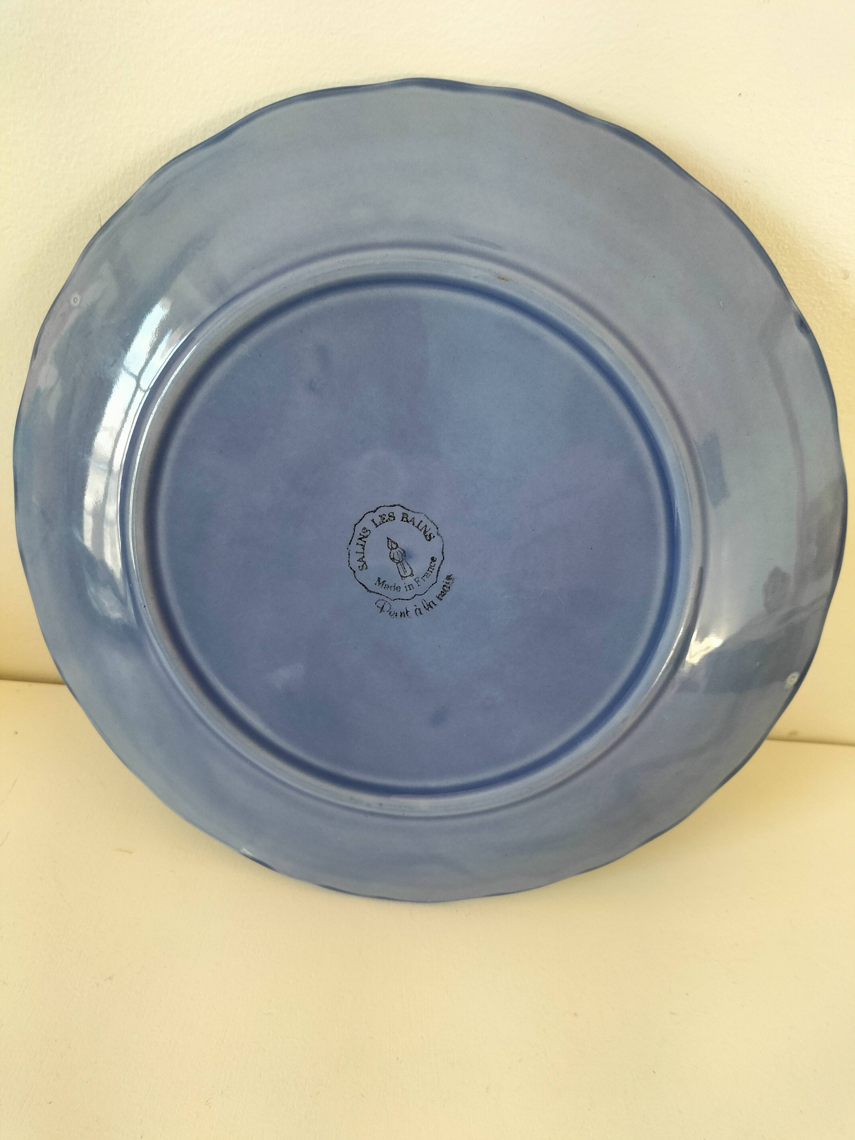 Large barbotine plate Salins blue lavender 80s
