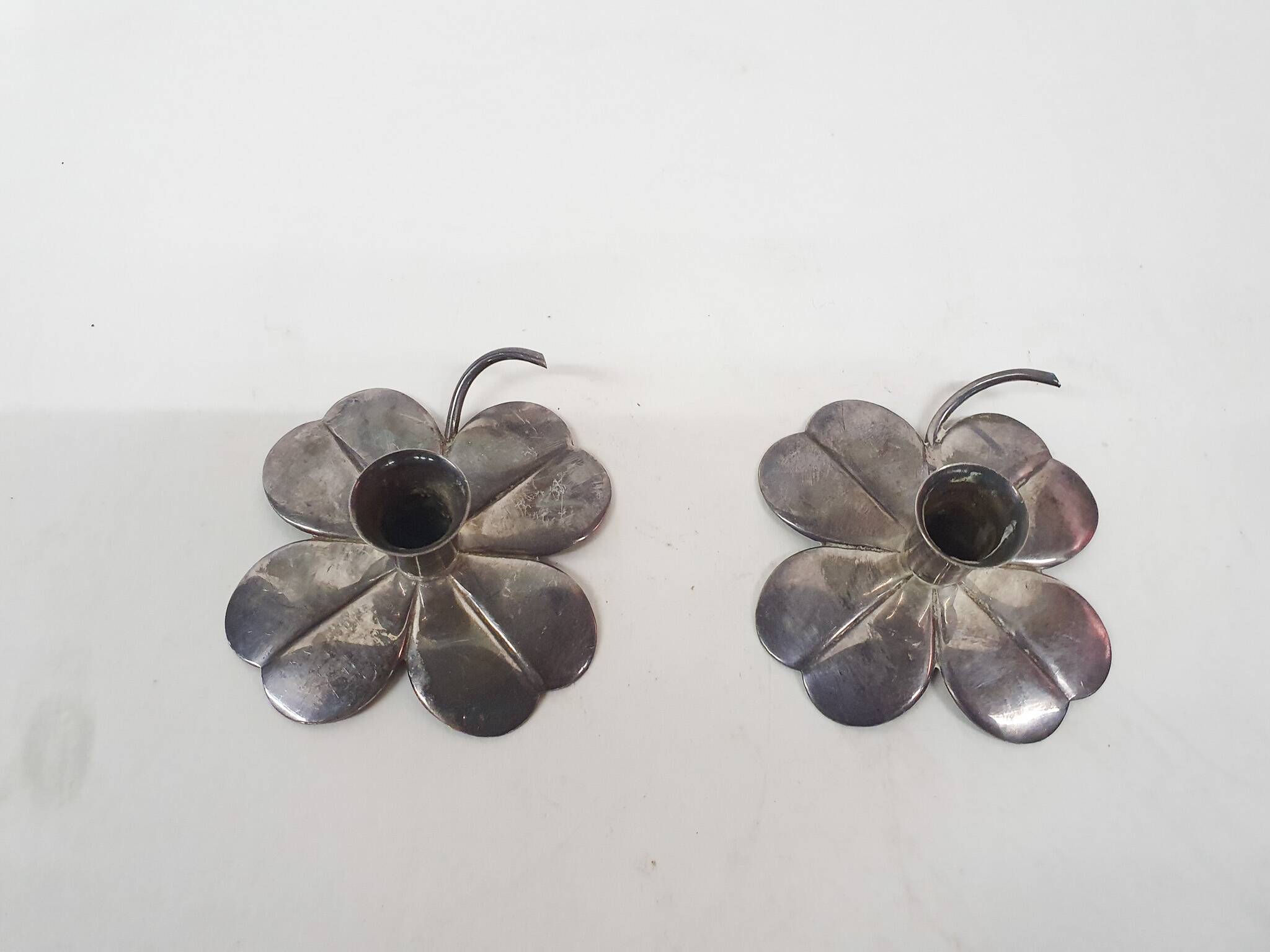 Two silver clover candleholders by Carl Frederik Christiansen, Denmark