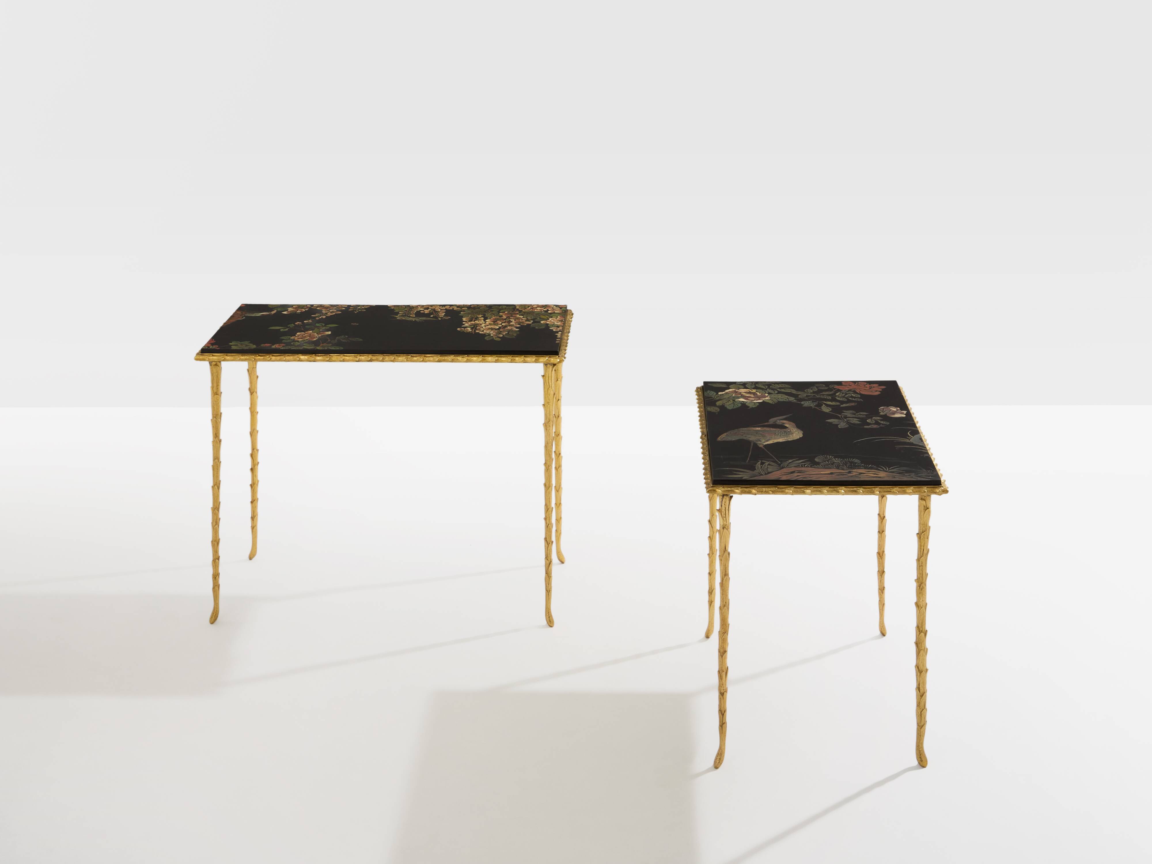Bronze-gilded foliage side tables, Chinese lacquer, Maison Baguès, 1950.