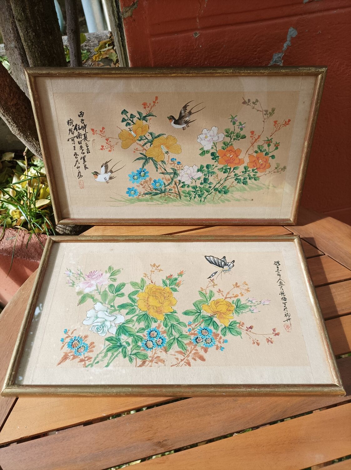 Set of 2 old framed hand-painted canvases signed