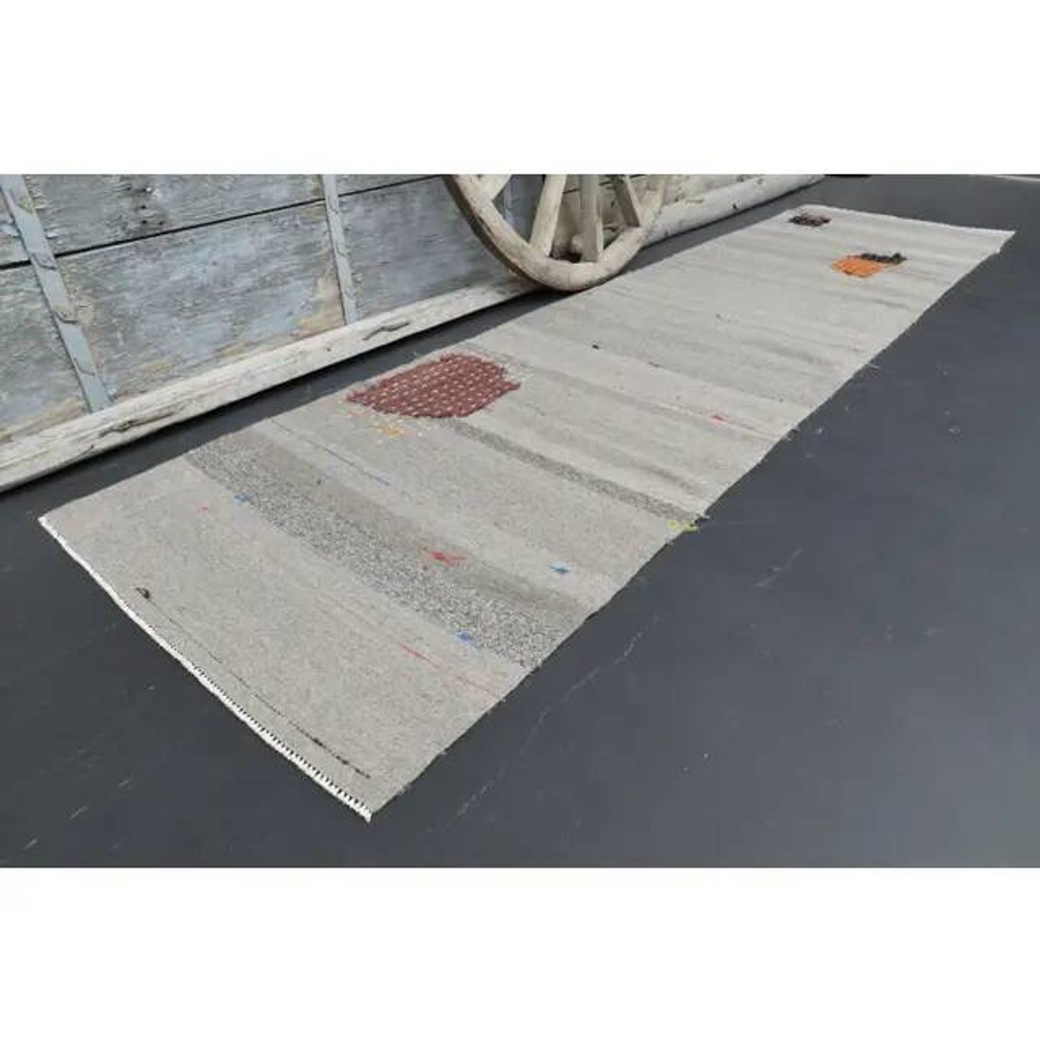 1970s Vintage Turkish Oushak Handmade Wool Cotton Gray Runner Rug 86x332