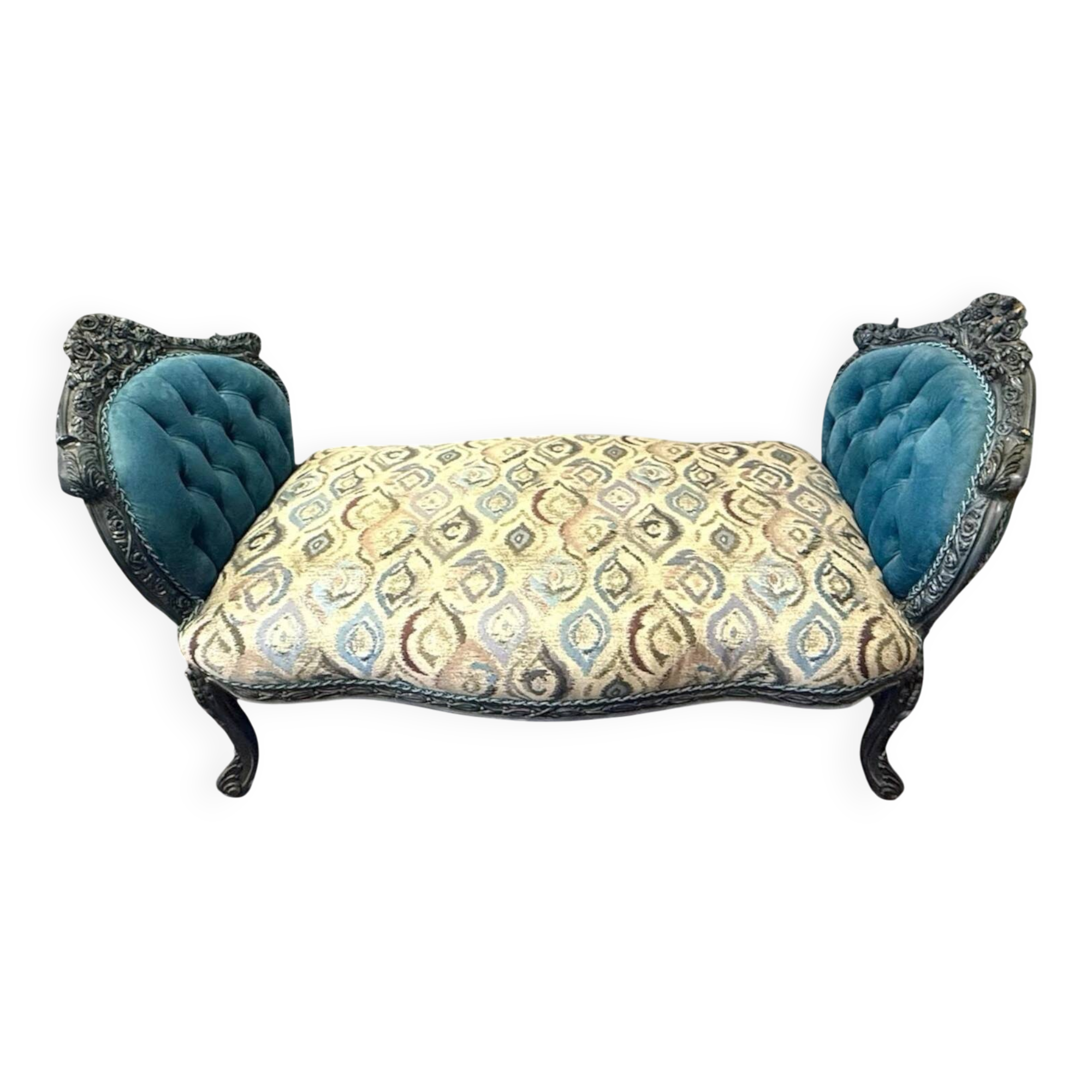A Louis XV style chaise longue in dark blue and grey carved beech wood