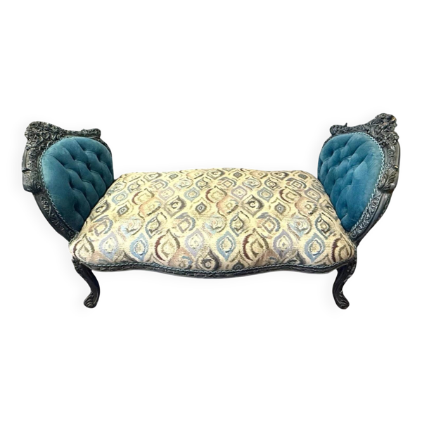 Une méridienne Style Louis XV en bois d'hêtre sculptée bleu foncé et gris