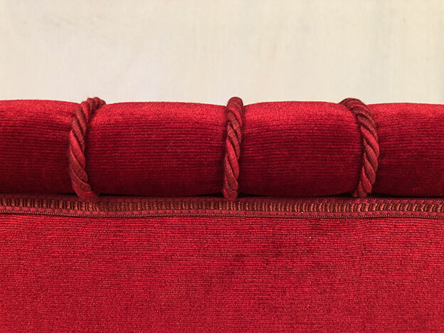 Napoleon III confidant sofa, red velvet trim redone