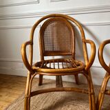 Paire de fauteuils en rotin et cannage vintage