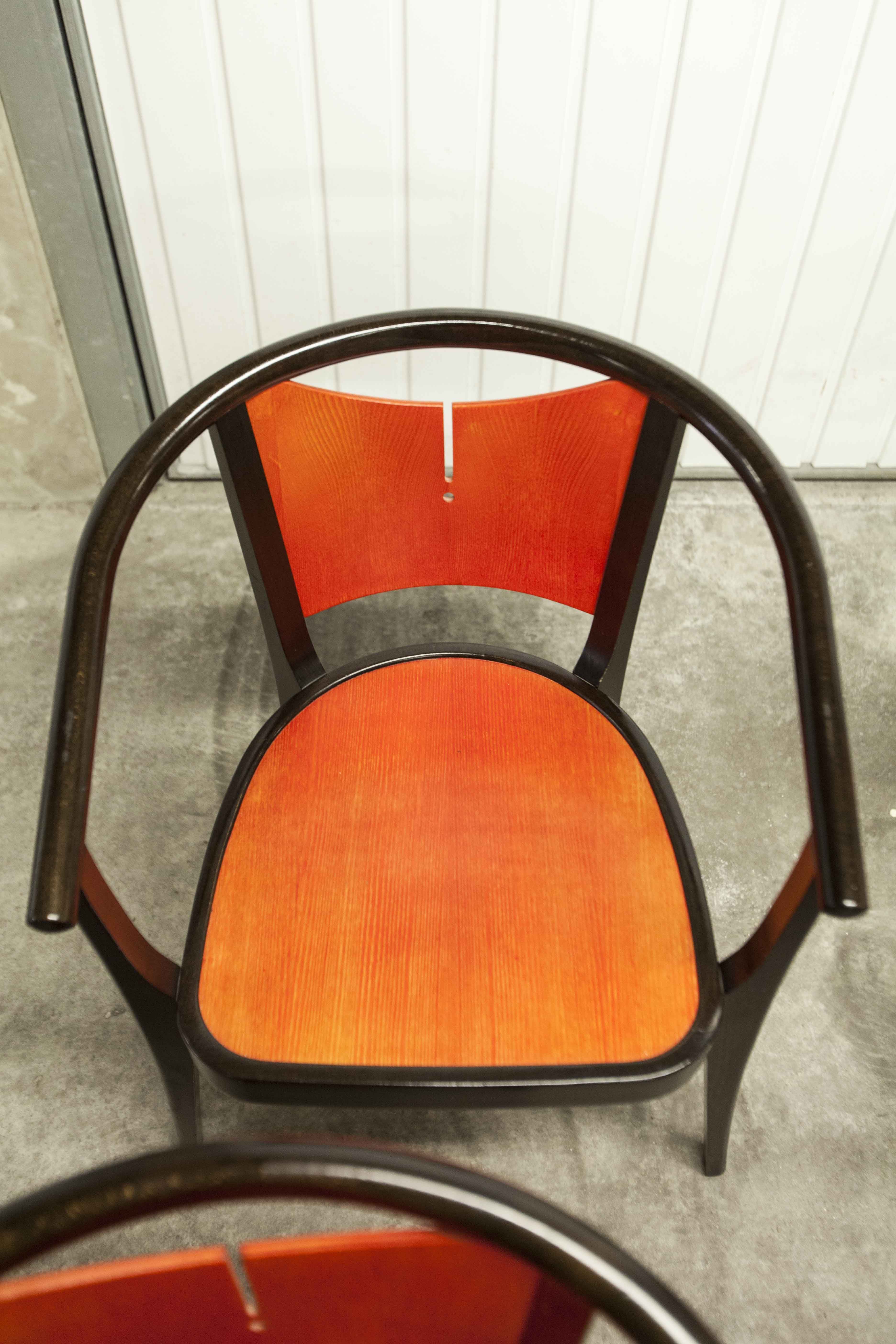 Table and 6 armchairs Baumann Diese, design Pagnon Pelhaître, Wenge color and red,