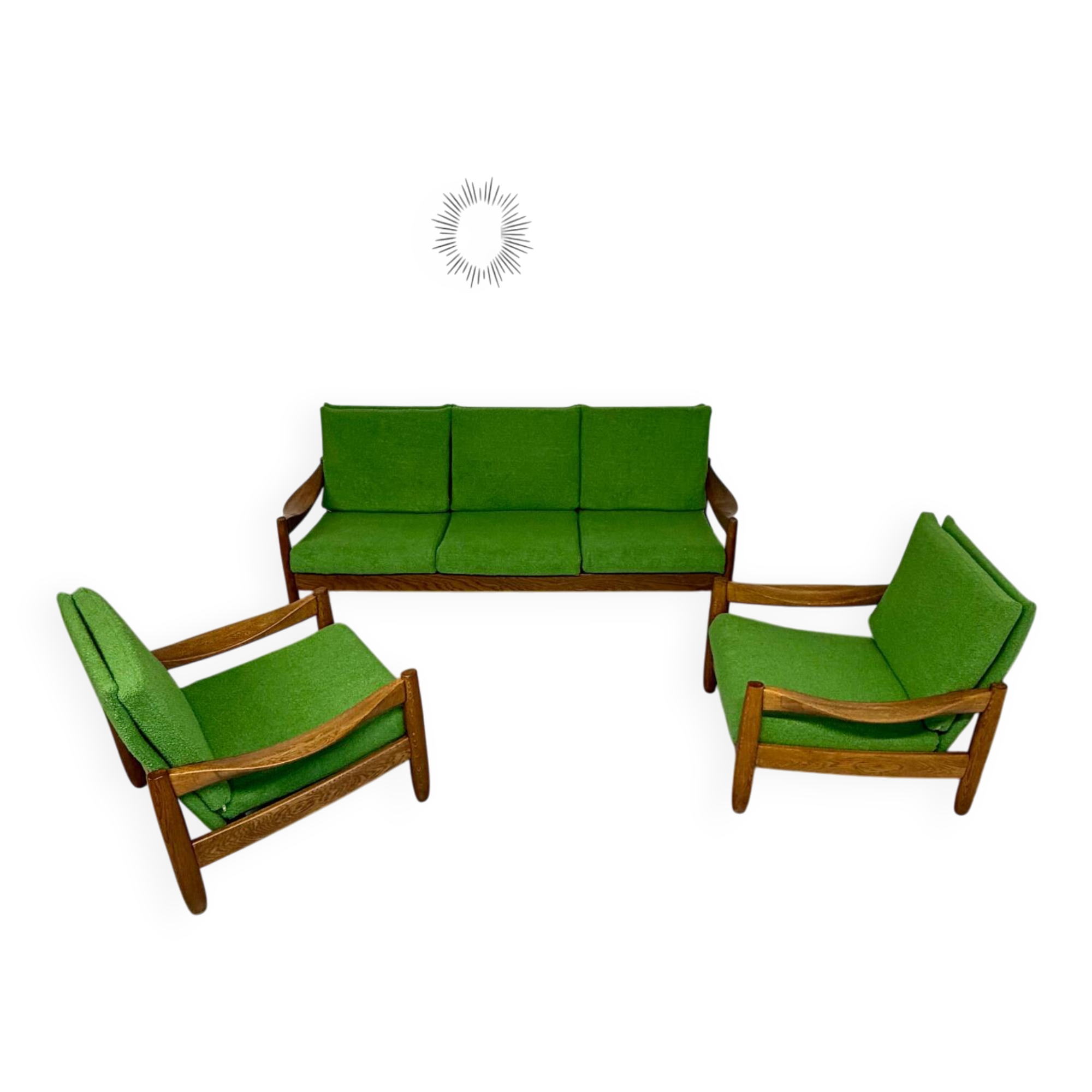 Living room sofa and Scandinavian design armchairs from the 1960s in green boucle.
