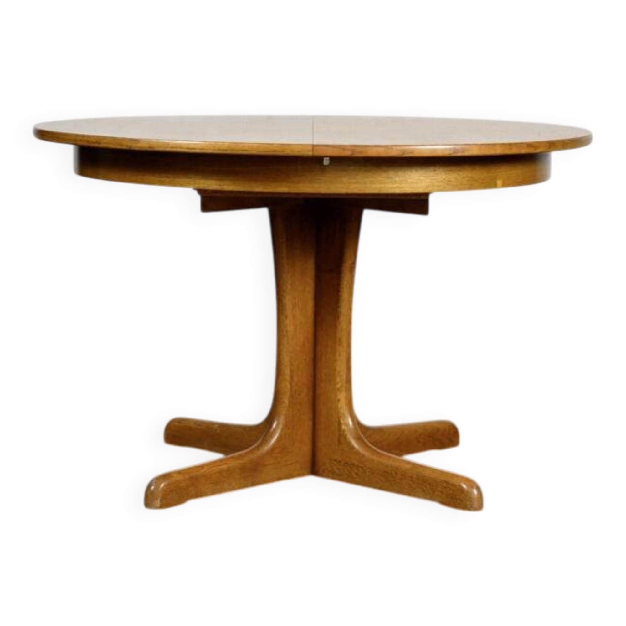 Round teak table with an extension.