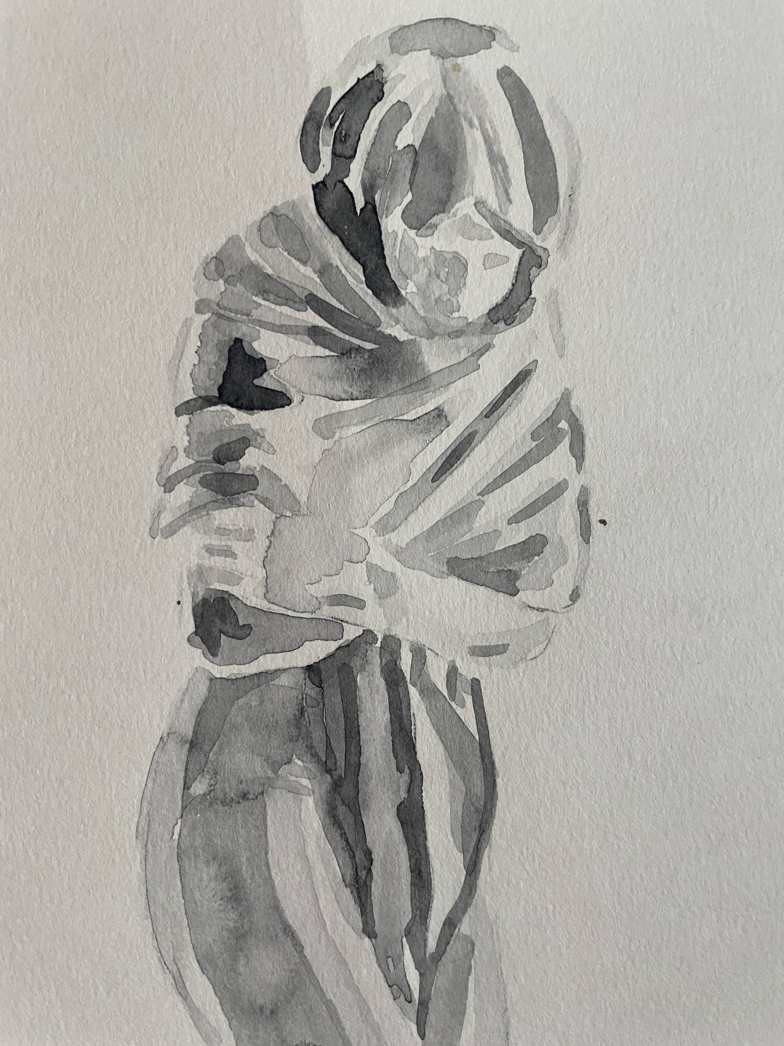 Painting signed watercolor monochrome sepia study statue “la Frileuse de Houdon”