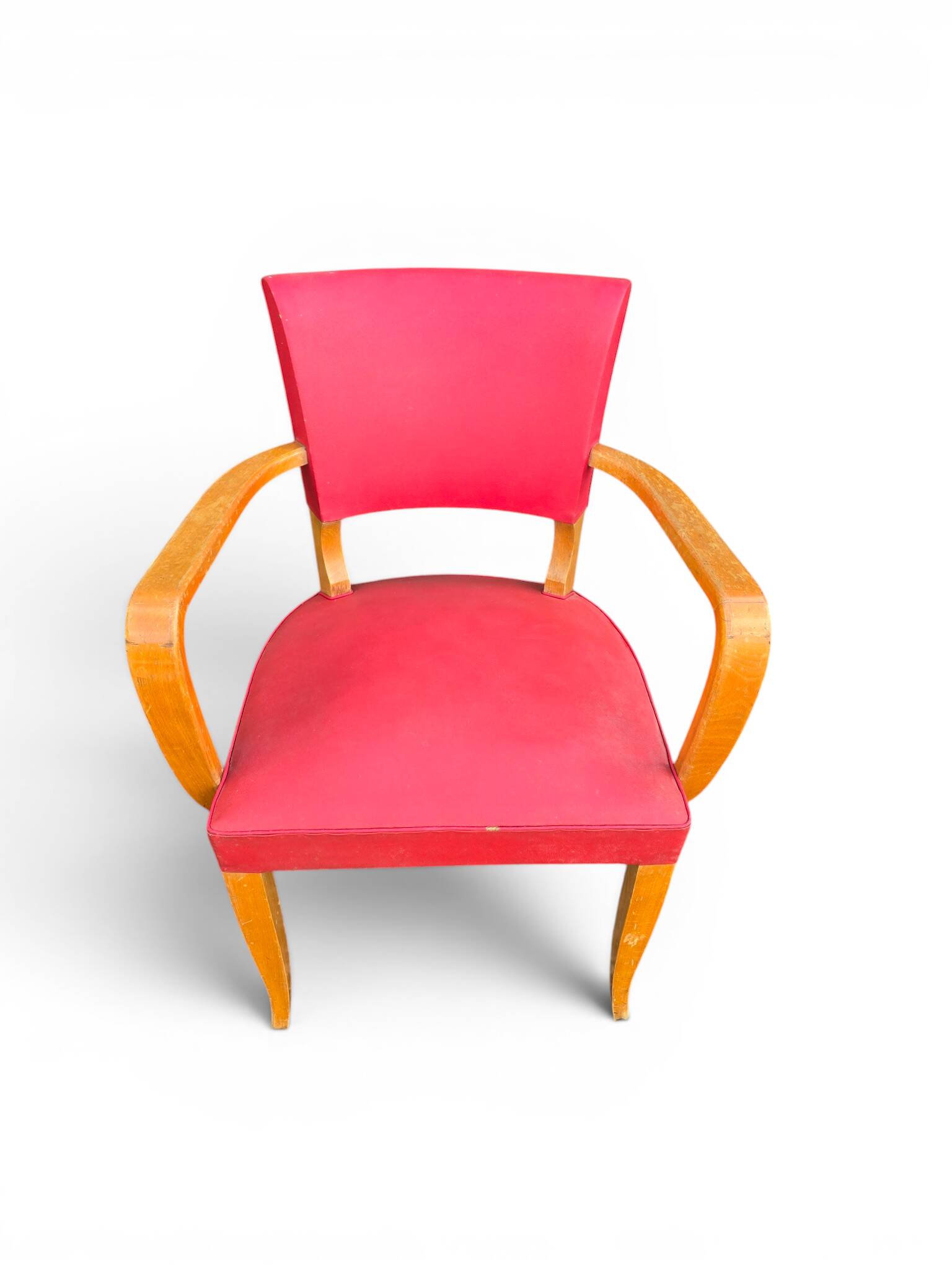 Vintage bridge armchair in wood and red faux leather, 1950s.