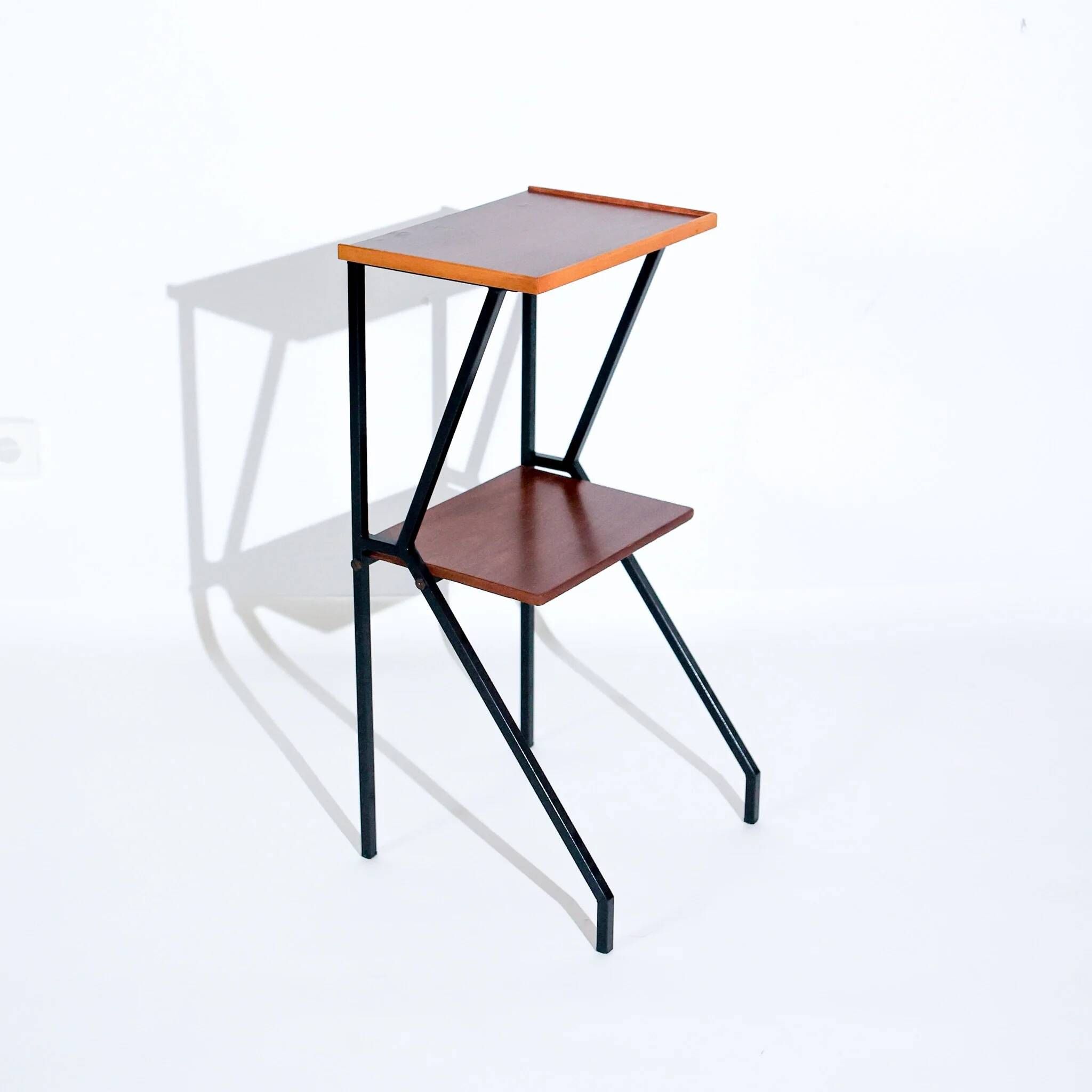 Mid-century modern Italian telephone side table with two levels, wood and black metal structure, 1960s.