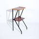 Mid-century modern Italian telephone side table with two levels, wood and black metal structure, 1960s.