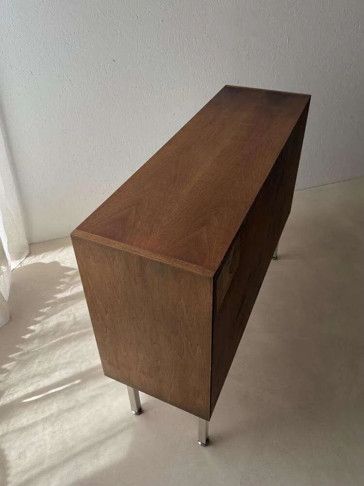 Walnut display cabinet from the 60s with smoked glass