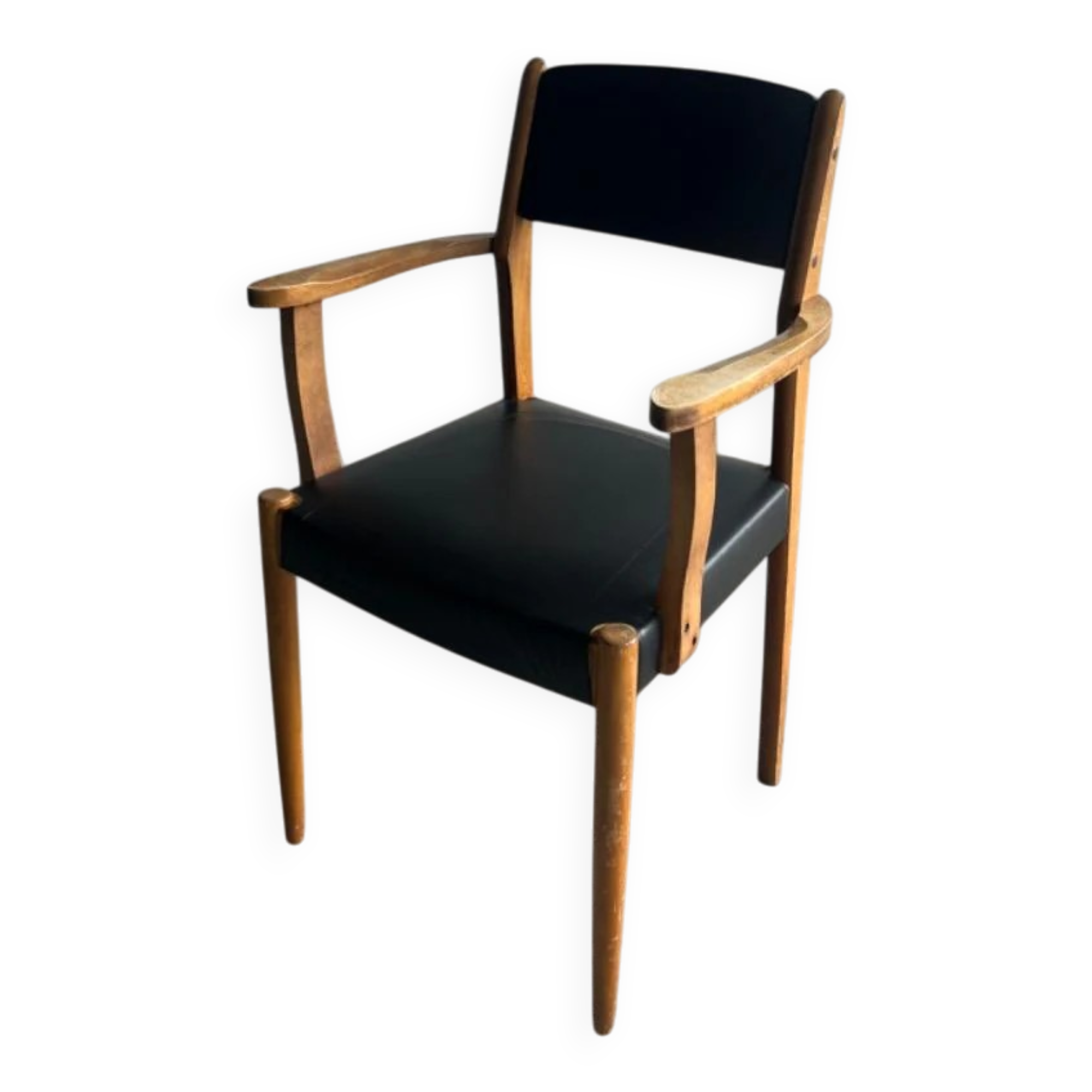 Set of 2 vintage beech wood armchairs with black skai upholstery — mid-century modern
