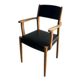 Set of 2 vintage beech wood armchairs with black skai upholstery — mid-century modern