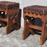 Pair of brutalist stools, leather seat.