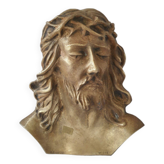 Christ bronze massif plaque avec bas relief pour pierre tombale ou autre signée