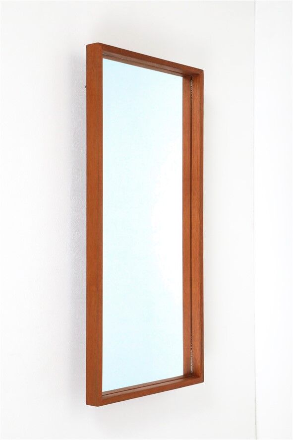Minimalist teak wall mirror / Mid-century Danish modern design / 1960s / 1970s