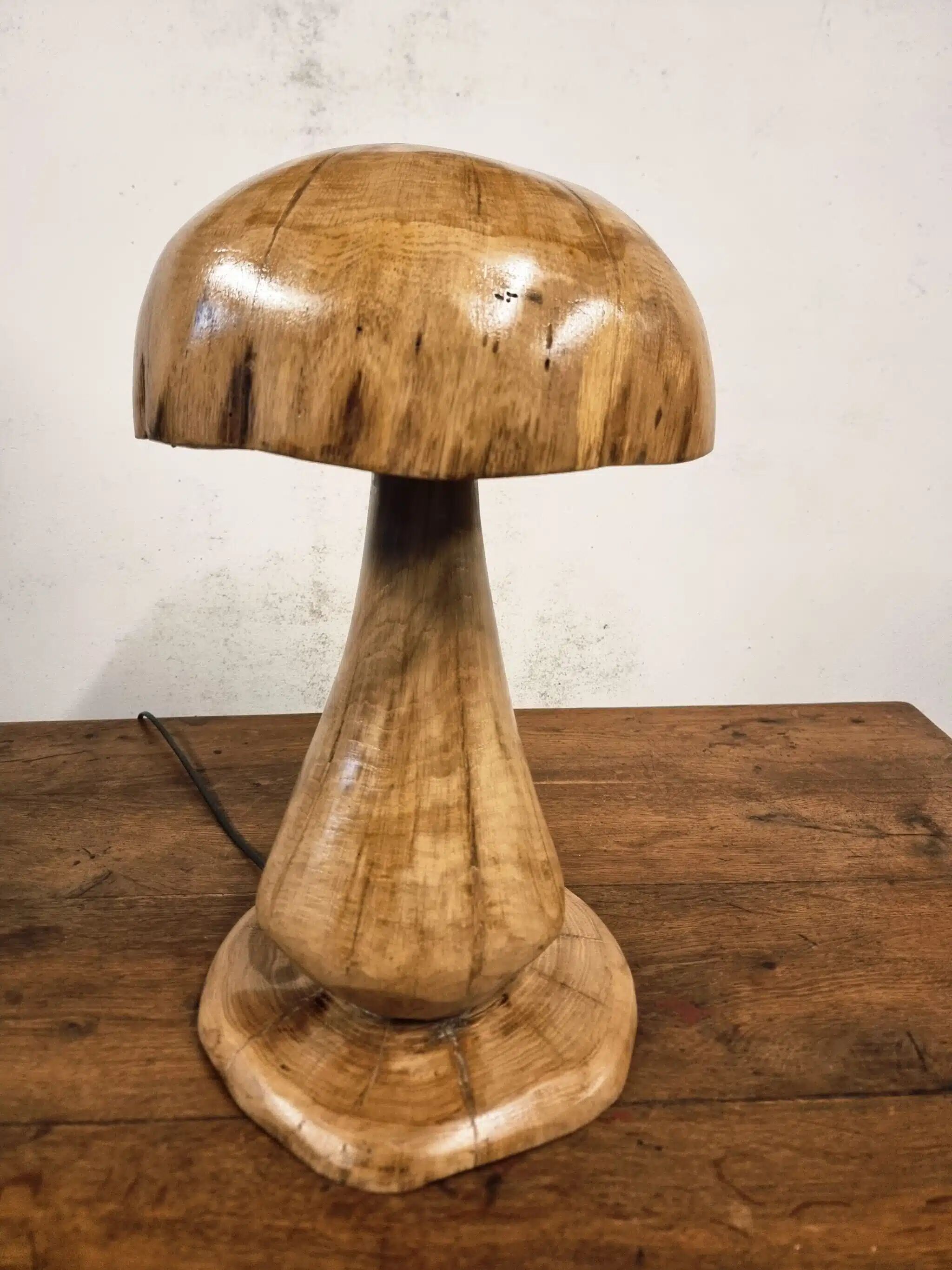 Hand-carved oak table lamp in the shape of a mushroom
