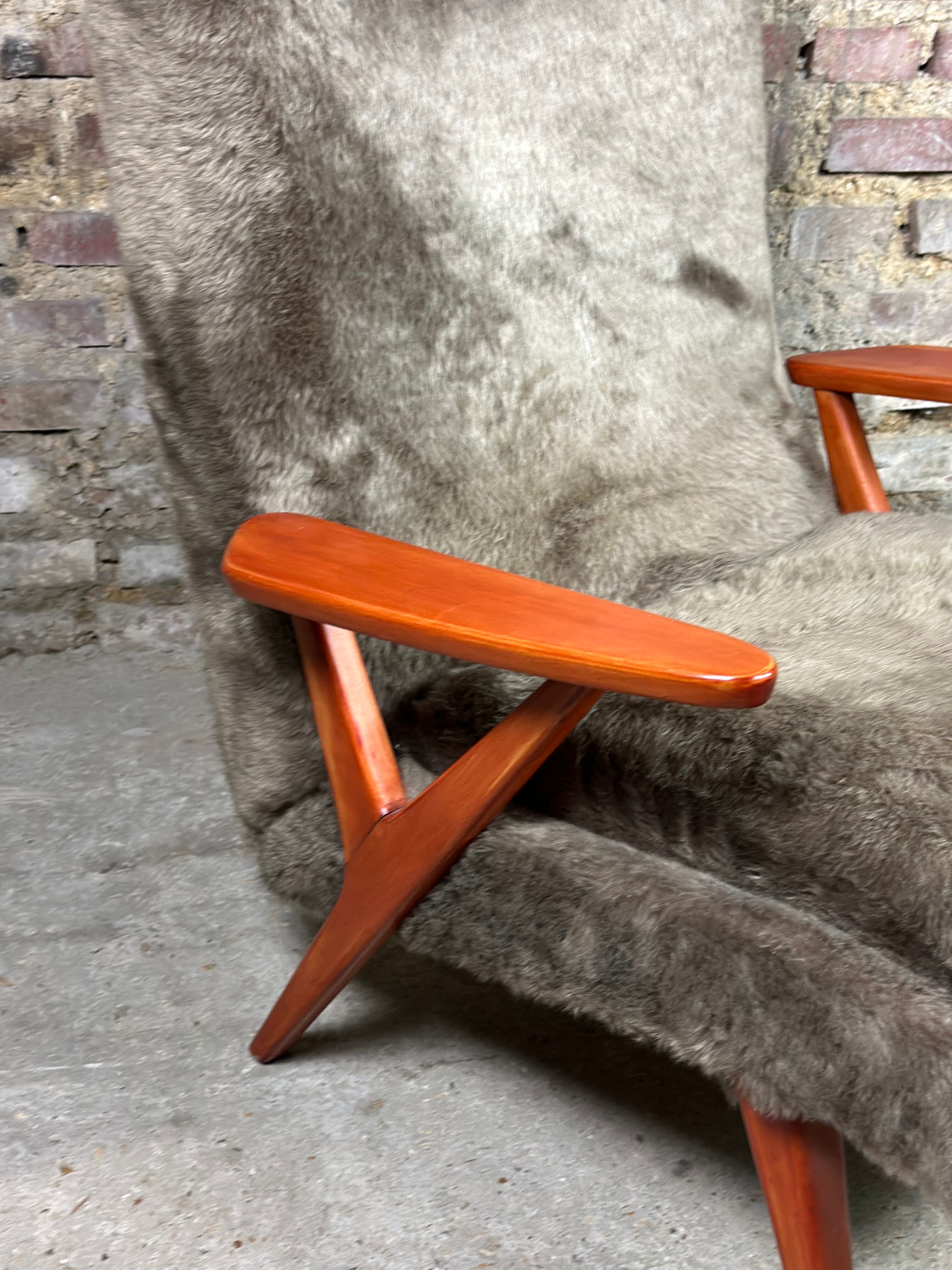 Vintage Scandinavian armchair 50'S in dyed beech and plush fabrics