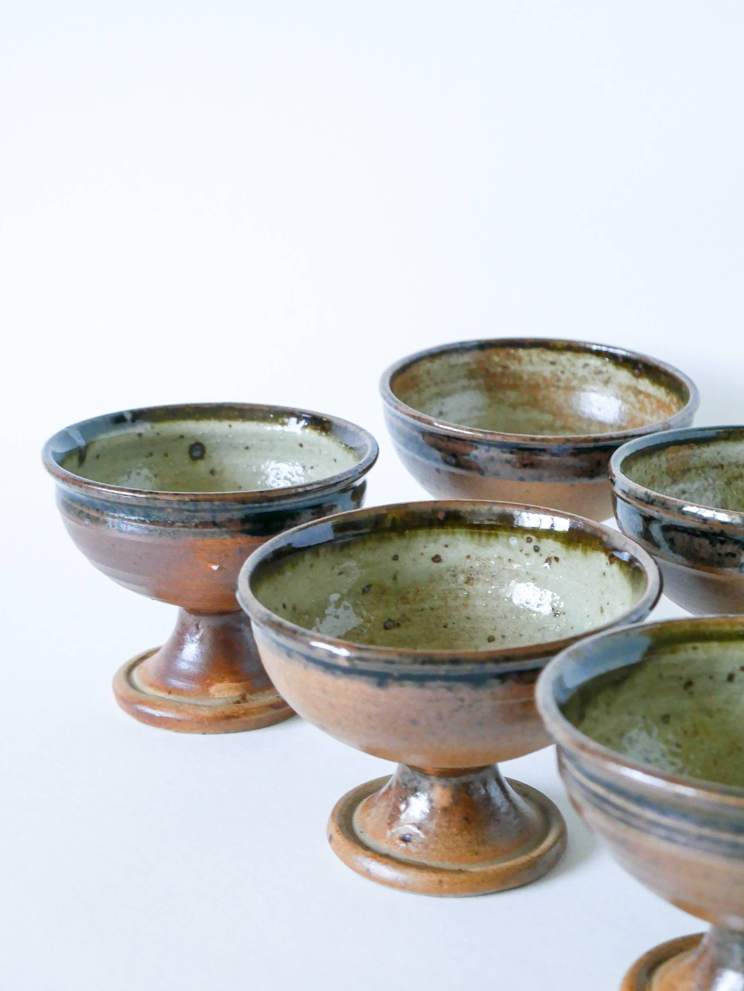 Set of 6 glazed stoneware bowls, handcrafted, 1970