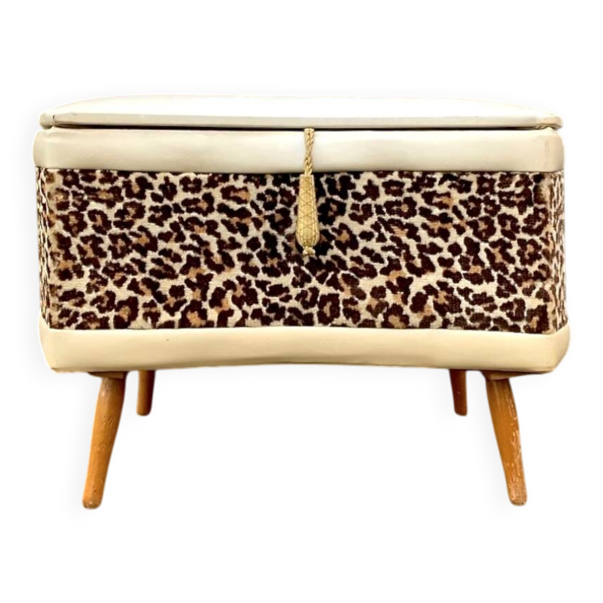 Vintage storage stool with compass legs in white faux leather and leopard velvet.