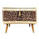 Vintage storage stool with compass legs in white faux leather and leopard velvet.