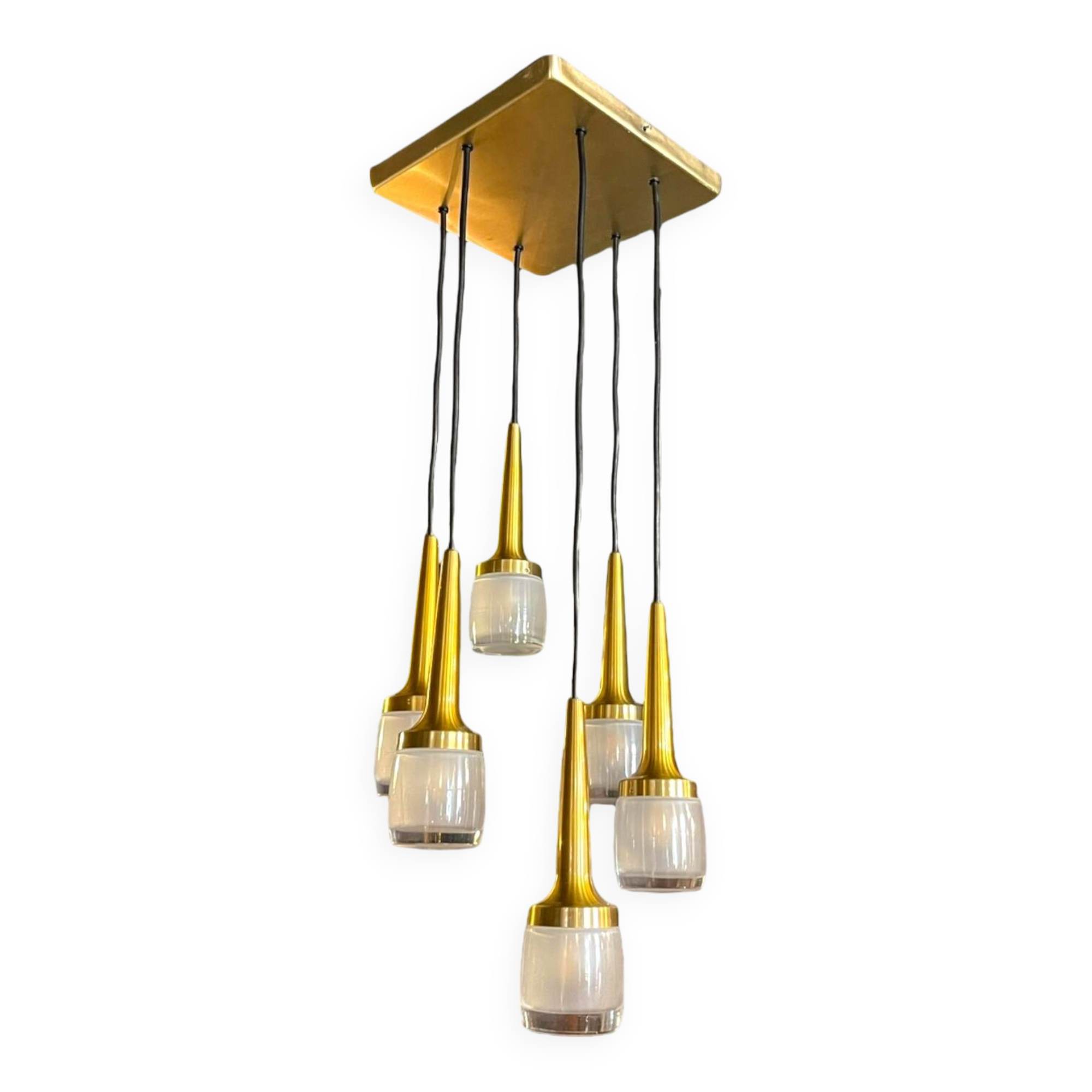Cascade chandelier 6 elements, Staff Leuchten, brass and gold-plated aluminum, glass, ca 1970