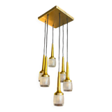 Cascade chandelier 6 elements, Staff Leuchten, brass and gold-plated aluminum, glass, ca 1970