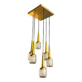 Lustre cascade 6 éléments, Staff Leuchten, laiton et aluminium doré, verre, ca 1970