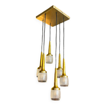 Lustre cascade 6 éléments, Staff Leuchten, laiton et aluminium doré, verre, ca 1970