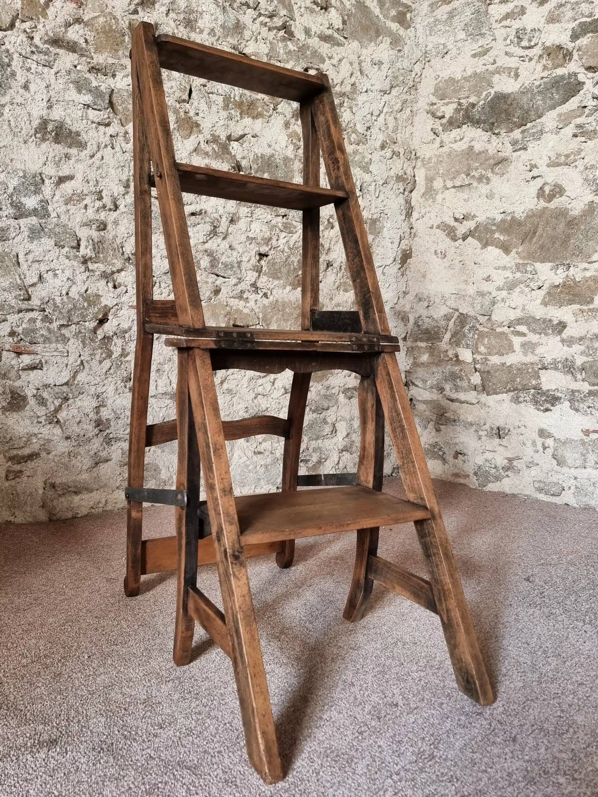 Chaise échelle de bibliothèque en chêne français antique – Tabouret escamotable