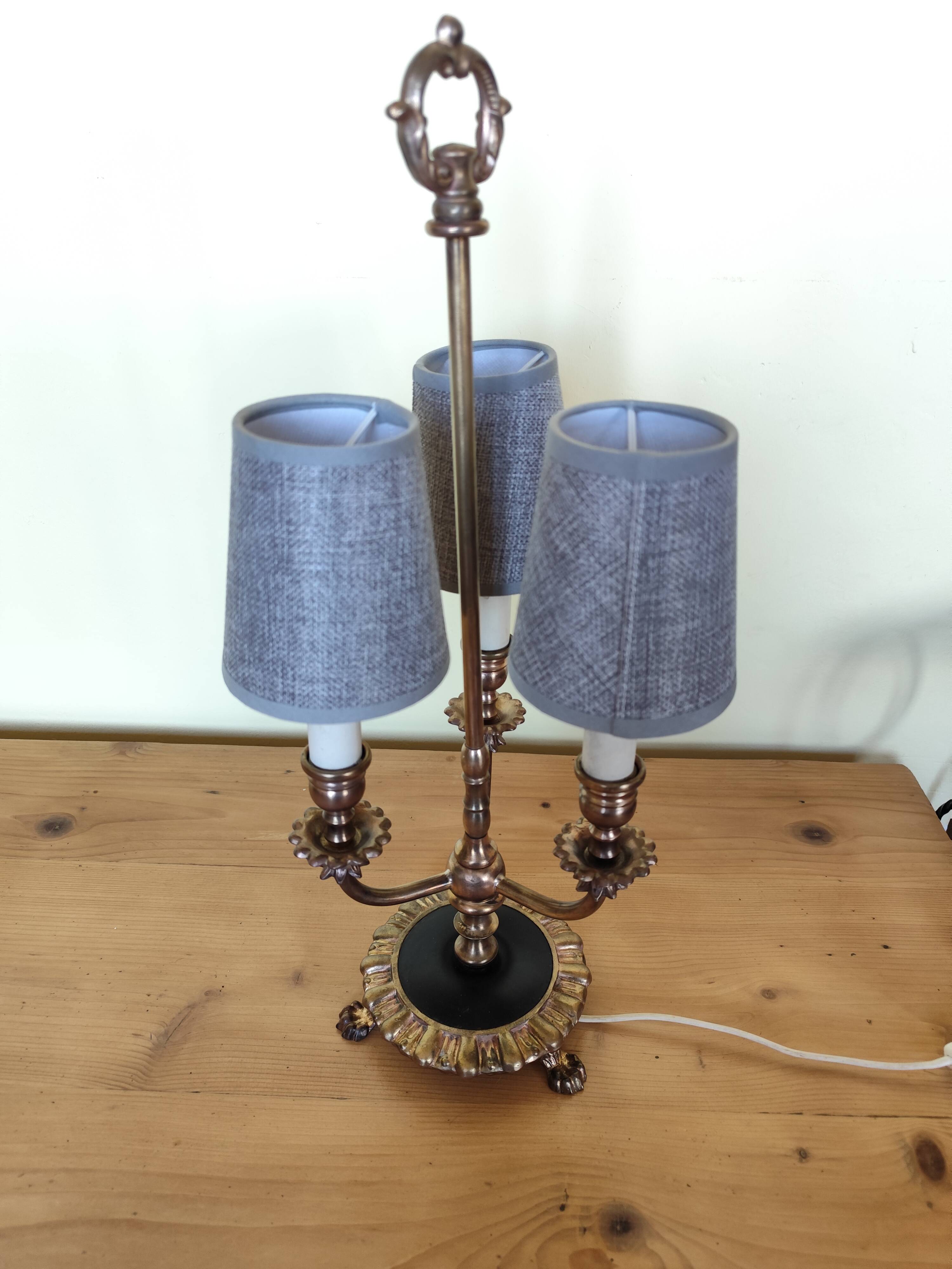 three-light candelabra lamp in metal and gilded brass, bouillotte lamp