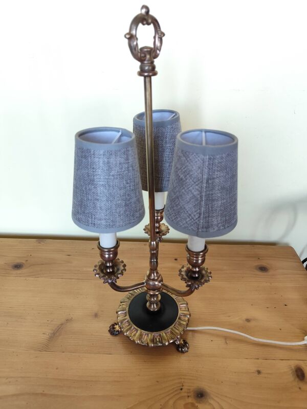 lampe candélabre 3 feux en métal et laiton doré, lampe bouillotte