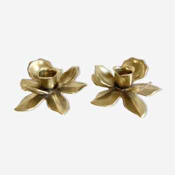 Pair of brass flower candle holders