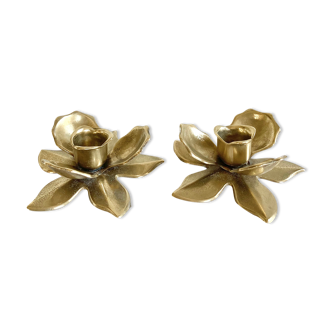 Pair of brass flower candle holders