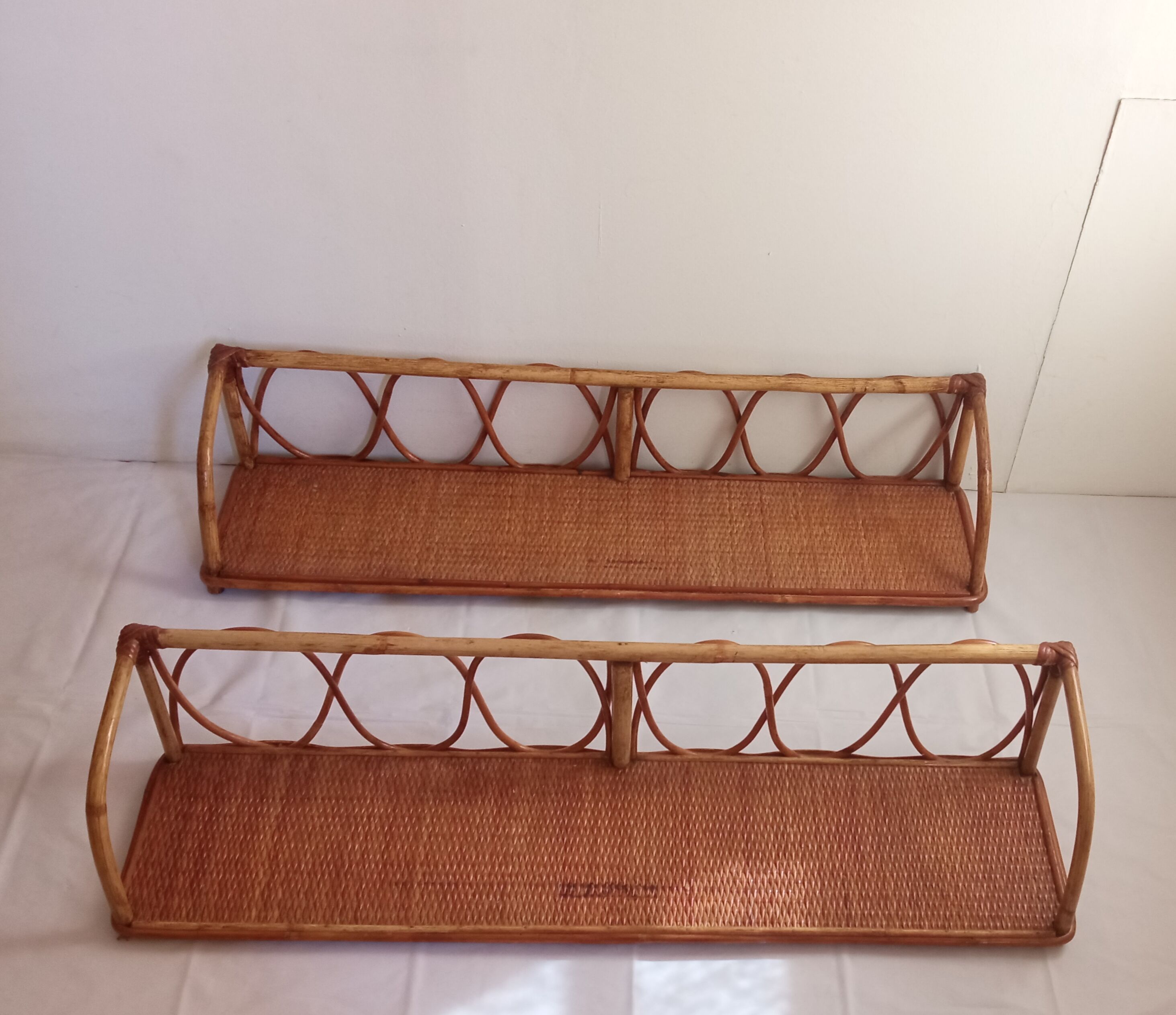 Pair of bamboo and rattan shelves