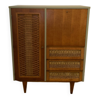 Vintage rattan secretary chest of drawers wardrobe 1960