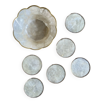 Set of 6 coasters and a bowl in mother-of-pearl and brass