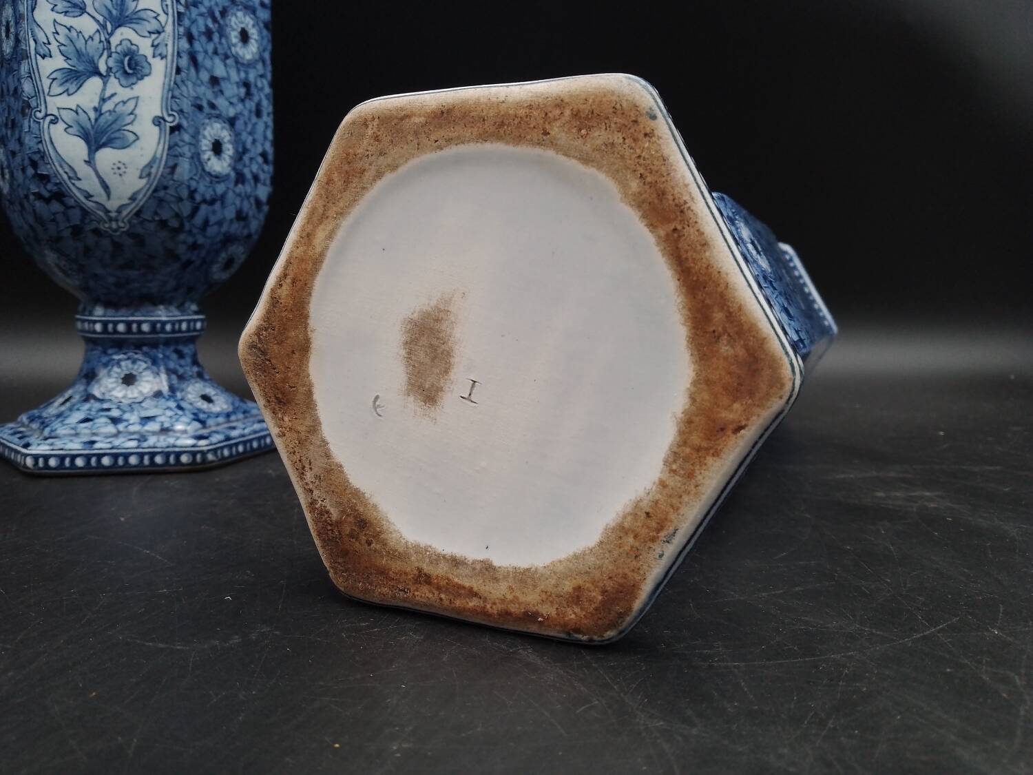 Antique 19th century Delft pair of hexagonal vases - Petrus Regout Maestricht