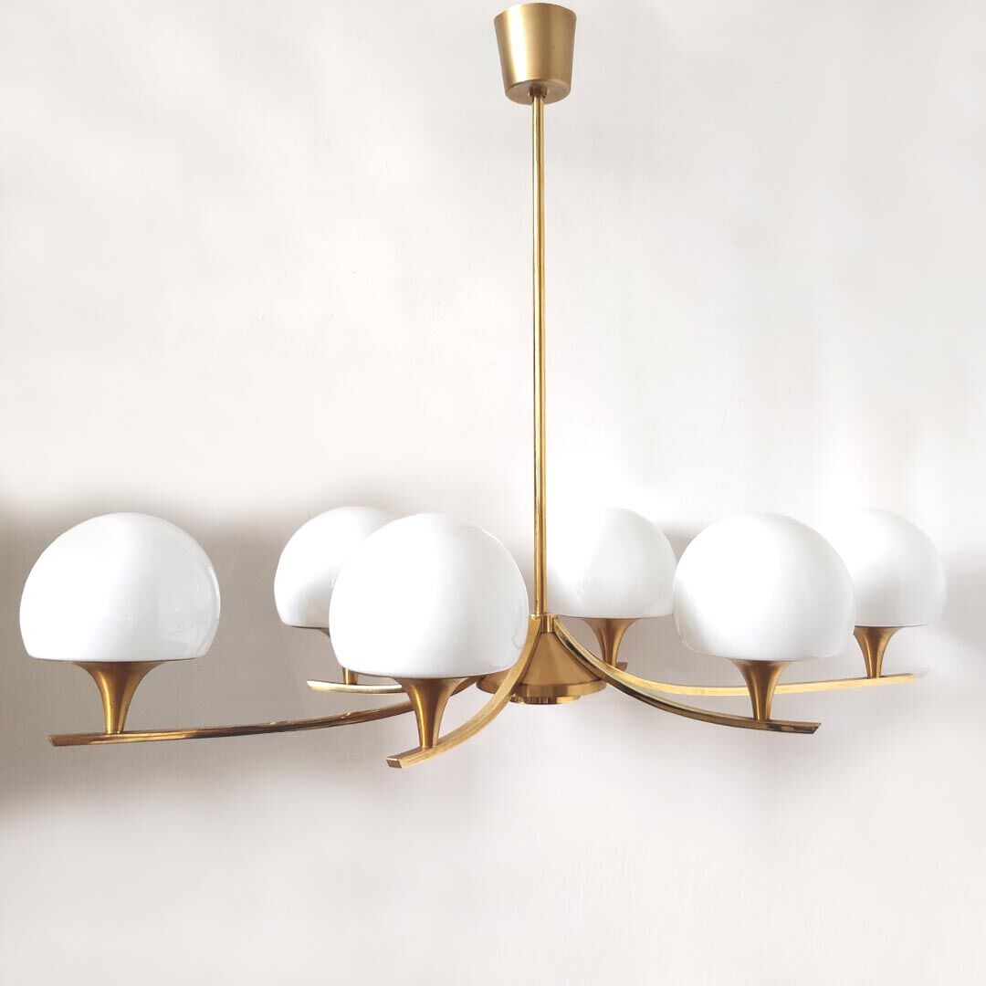 Vintage suspension chandelier 6 gilded and opaline lights