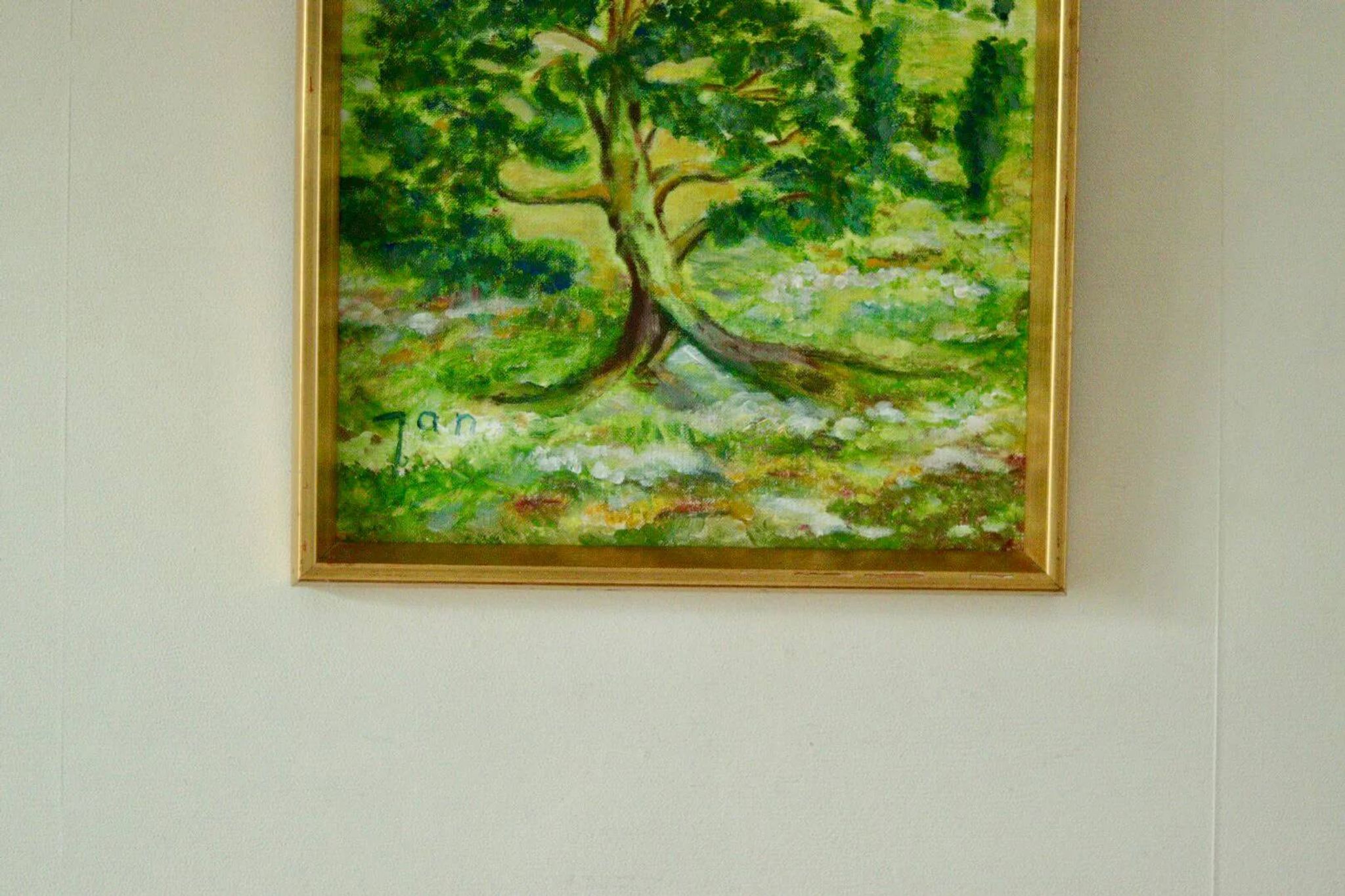 Huile sur panneau vintage originale – « Arbre sur paysage » Jan