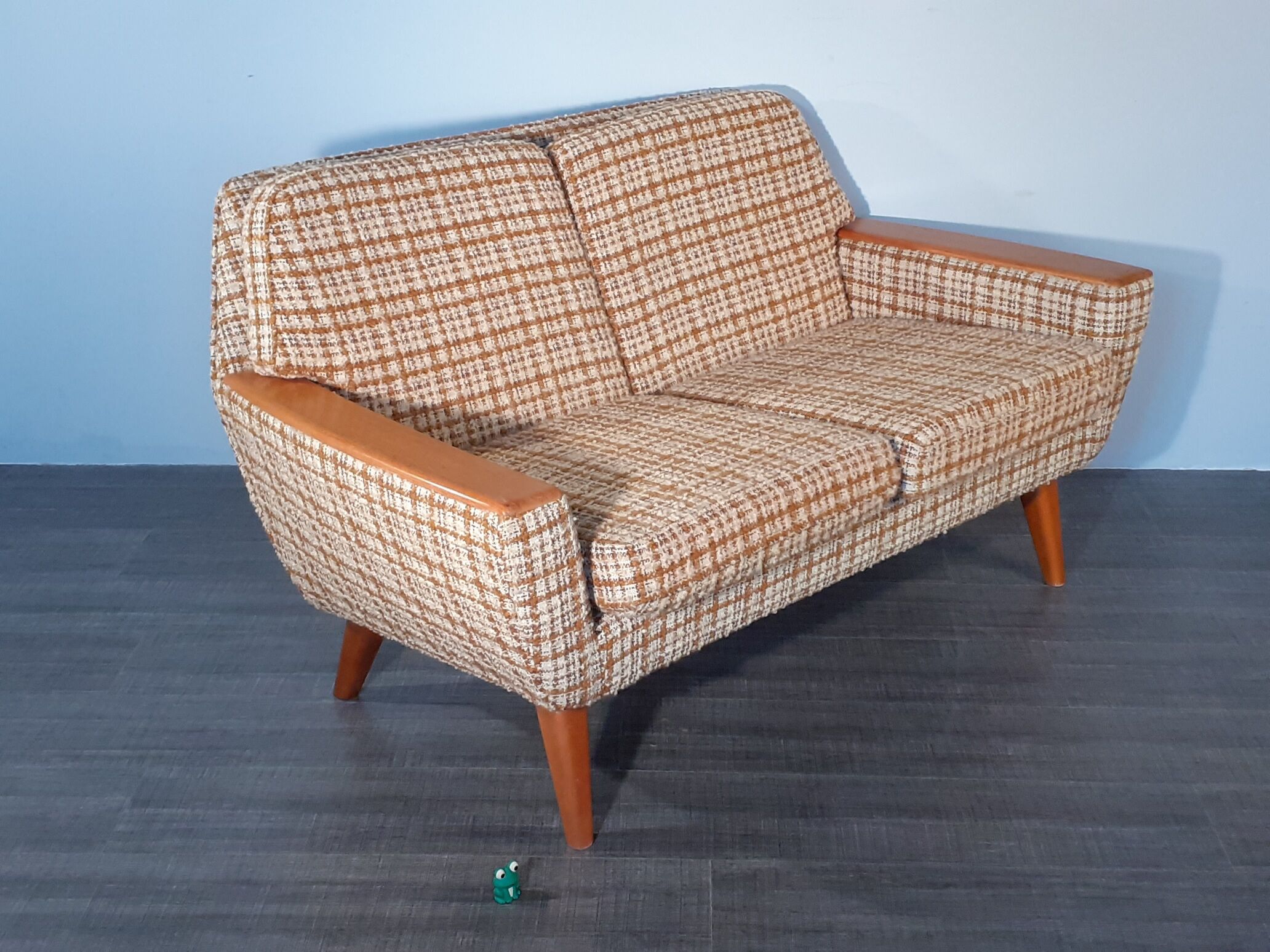 2-seater sofa in teck and beige wool, vintage scandinavian 1960s