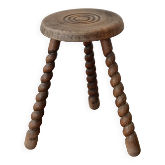 Vintage rustic turned wooden tripod stool