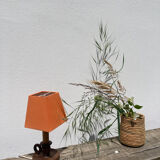 Wooden table lamp and vintage orange lampshade candle holder style